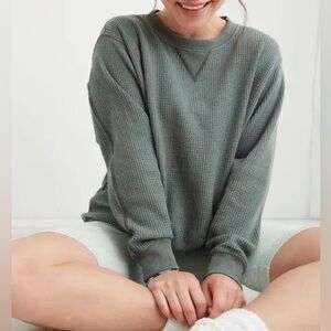 Aerie waffle knit crewneck sweater sage green